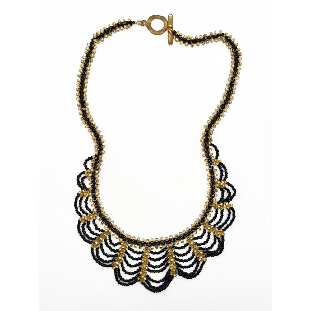 Black & Gold Beaded Statement Bib Necklace Layered Boho Festival Jewelry